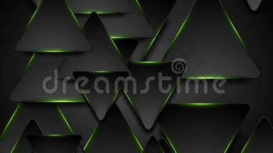 黑色和发光的绿色三角形运动背景